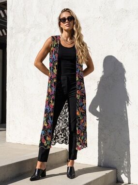 Fratelli Size Small Sleeveless Long Embroidered Duster Vest - Black Multicolor
